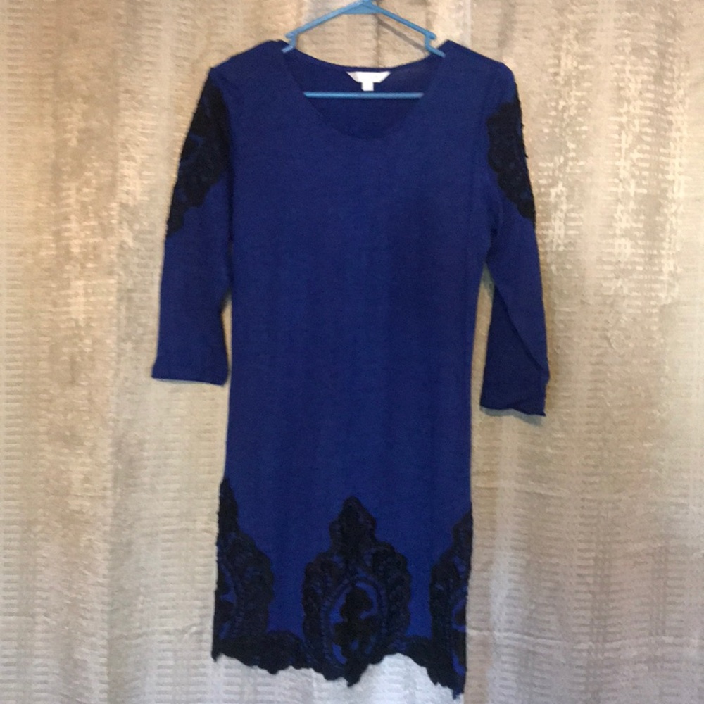 Cobalt blue 3/4 sleeve dress with appliqué details